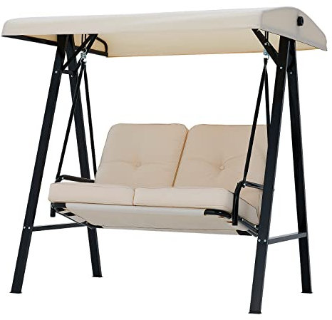 U-MAX 2 Seater Garden Swing Chair, Outdoor Hammock Bench with Adjustable Canopy Thick Padded, Hammock Chair Bench For Garden Patio Balcony(Beige)