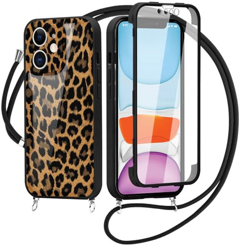 Saqmkil 360 Grad Handyhülle Handyband für iPhone 11 6,1'' Hülle mit Band, Fullbody Aesthetic Muster Design Schutzhülle mit Integriertem Displayschutz, Transparent Hülle zum Umhängen, Leopard 01