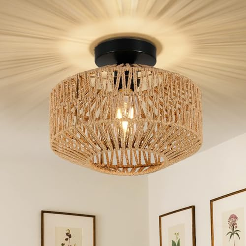 Boho Leuchten Deckenhalterung,11.8Küsten Hand-gewebte Rattan Deckenleuchte,Rustikale Semi Flush Mount Deckenleuchte,Böhmische Hanf Seil Käfig Kronleuchter für Flur,Schlafzimmer,Eingangsbereich,Küche