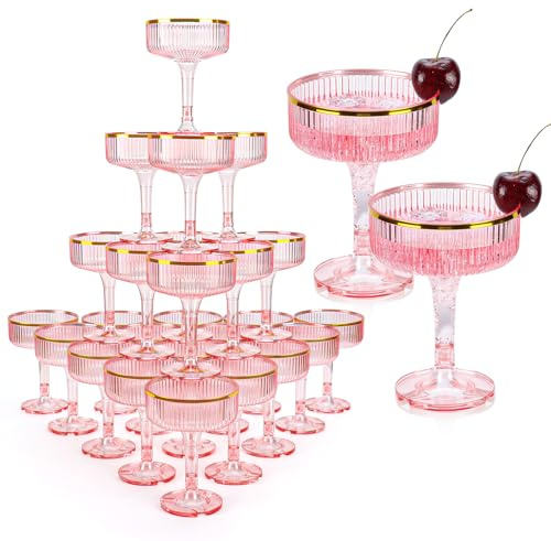 48 Pack Pink Champagne Glasses Tower 7 OZ Plastic Coupe Glasses with Gold Rim Stackable Martini Glasses Champagne Coupe Glass Stemmed Champagne Glass for Weddings Birthday Party Bar Hosting Glassware