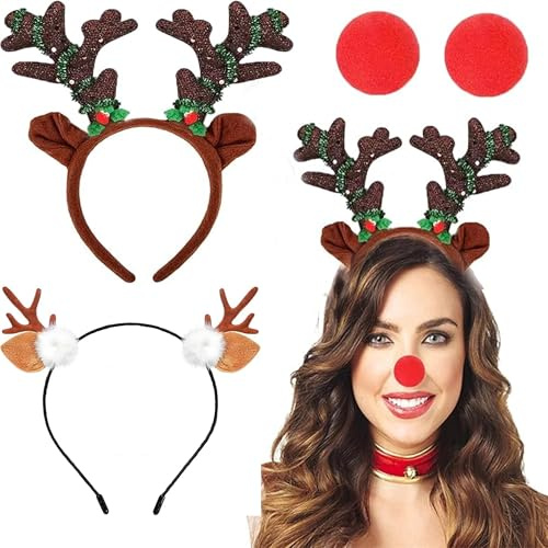 Jiahuade 2 Stück Rentier Haarreif,Weihnachtsbaum Geweih Haarreif,2 Clown Nasen,Weihnachten Stirnband, Haarreifen Weihnachten für Erwachsene,Weihnachtsfeier Haarschmuck Cosplay,Karneval Party