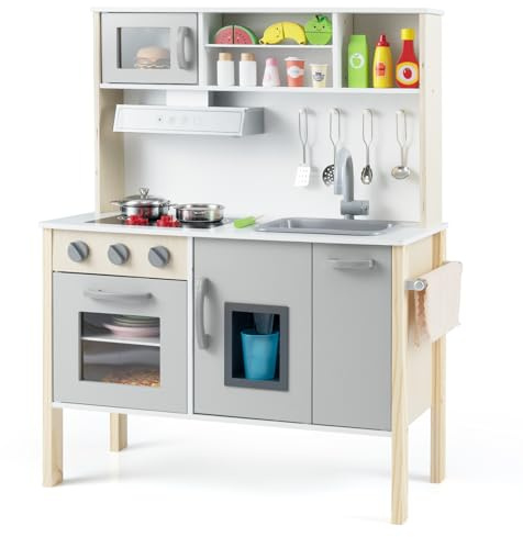 GOPLUS Cuisine Enfant en Bois, Jouet de Cuisine avec Effect Sonore, Évier Amovible, Hotte de Cuisine, Machine à Glaçons, 18 Accessoires Complets, pour Garçons Filles 3-6 Ans (Gris)