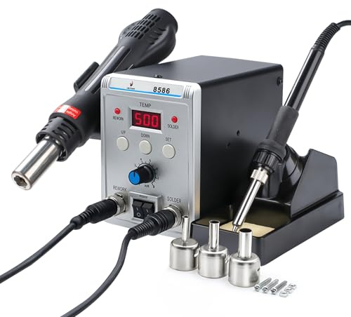 Lötstation, 2-in-1 SMD Heißluft Rework Station & Lötstation, 700W Digital LED Display, Verstellbare Temperatur 100°C-480°C, mit 12 Zubehörteilen (Düsen, Spitzen), ESD Sicher für Elektronik Reparatur