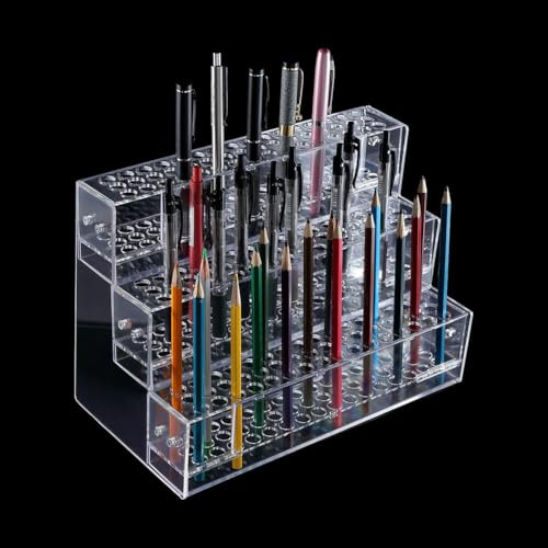 PH PandaHall Porte Stylo en Acrylique à 144 trou Présentoir à Stylos à 3 Niveaux Organisateur de Pinceaux de Maquillage Porte Crayons Marqueurs Transparent Rangement pour Maison Bureau École Commerces