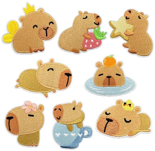 xolear 8 Stück Patches zum Aufbügeln Capybara, Flicken zum Aufbügeln DIY | Aufnäher Kinder Stickerei Patches Bügelbare oder Aufgenähte, Niedliche Aufnäher für Jacken, Jeans, Rucksäcke und Mützen