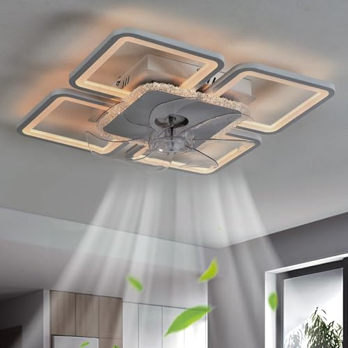 Dfiacn Lampadario Ventilatore Quadrato con Telecomando App Ventilatore da Soffitto con Luce Silenzioso 6 Velocità Reversibile Plafoniera Ventilatore 60W Dimmerabile per Soggiorno, Bianco