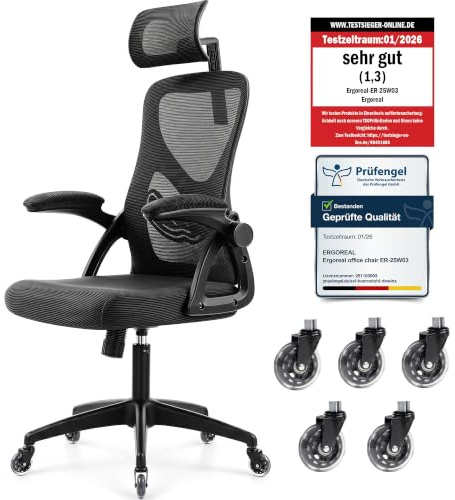 Bürostuhl ergonomisch mit Kopfstütze – Schreibtischstuhl Netz 200kg | Verstellbare Lendenstütze & 2D-Kopfstütze, klappbare Armlehnen, leise Silent-Rollen, höhenverstellbar, Homeoffice & Büro