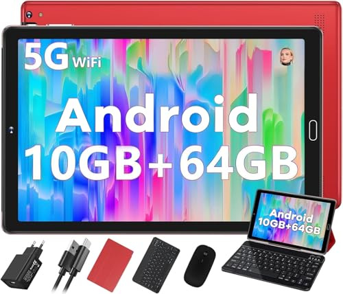SUAAT 2026 Tablette 10 Pouces Android Octa Core avec 64ROM +2To TF | 5G + 2.4G WiFi | FHD | GMS | Bluetooth 5.0 | 8MP + 5MP | Type C, Tablette Tactile avec étui, Clavier et Souris -Rouge