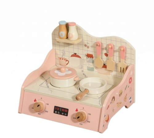 Amagogo Kinder Spielküche Kochfeld Spielset Holz Kochherd Herdplatte mit Bedienfeld Drehknöpfen Ablage Haken Topf Pfanne Zubehör für Rollenspiel Kinderzimmer