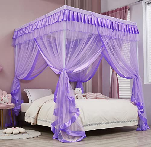 Mengersi Betthimmel, Bettvorhang mit 4 Öffnungen, süße Dekoration für Prinzessinnen-Schlafzimmer, Queensize, lila