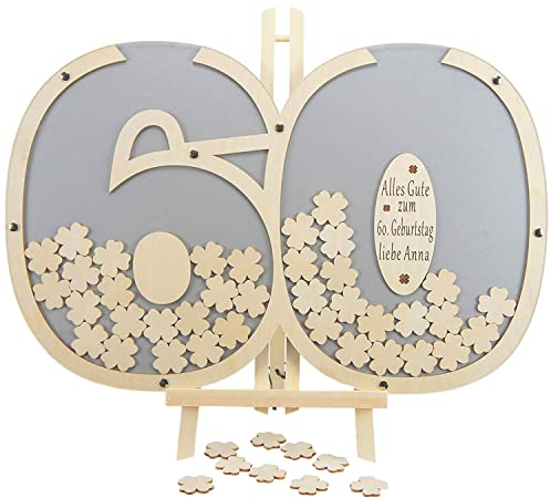 Laserano - Gästebuch personalisierbar mit Holzzahlen 60 | 40x60 cm in Grau | Holz Kleeblätter zum Beschriften - Geburtstag Geschenk für Frau & Mann - 60. Geburtstag | Made in Germany