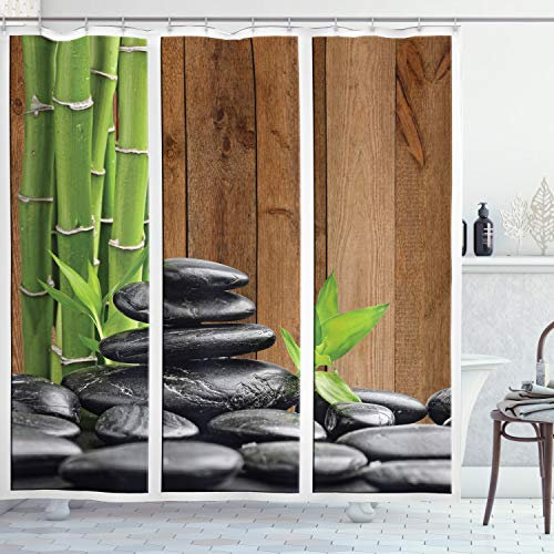 ABAKUHAUS des Pierres Rideau de Douche, Roches de Bambou Branches, Tissu Ensemble de Décor de Salle de Bain avec Crochets, 175 cm x 240 cm, Gris foncé Marron Vert