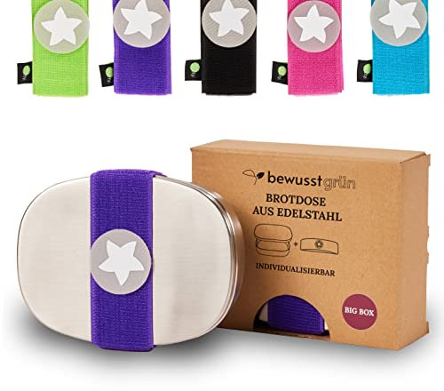 BewusstGrün Edelstahl-Brotdose für Kinder mit Fächern I BigBox DottyBox®-System mit Klettband in Lila I Personalisierte Brotdose für Kindergarten und Schule