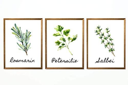 Din A4 Kunstdruck ungerahmt - 3er Set Petersilie Rosmarin Salbei Kräuter Küchenkräuter Pflanze Küche Esszimmer Aquarell Druck Poster Bild