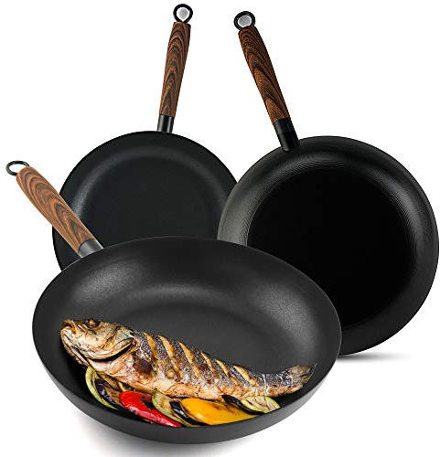 GreaTool Sartén con Mango Madera, Sartén de inducción, Hierro Fundido,Antiadherente para Todo Tipo de Cocinas (24 CM, Individual)