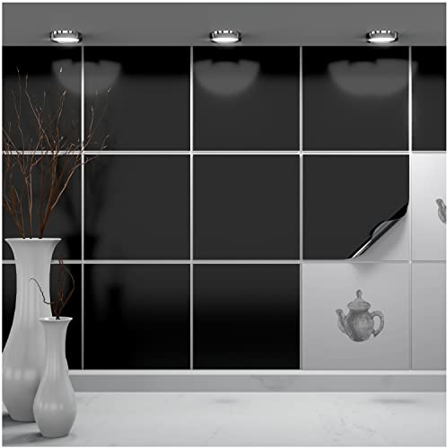 FoLIESEN - Autocollants pour carreaux 20x20 cm | Film autocollant pour carrelage de salle de bains et de cuisine | Retirable sans résidus | carrelage adhesif | 6 pièces, .:noir brillant