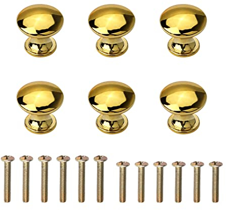 NC 6 Pieces Solid Small Gold Cabinet Knobs Round Mushroom Shape Pull Handle with Screws for Cupboard Drawer Furniture Doors, Single Hole, Zinc Alloy