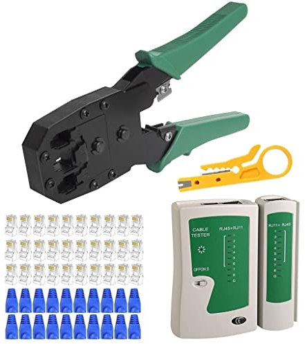 3DBUYER RJ45 Crimp Tool Kit, Cat5e Cat6 Cat6e Cat7 RJ11 Crimping Crimper Wire Stripper Cutter, Cable Tester Lead Testing ADSL DSL Connection, 100Pcs Connectors End, 100x Crimp Boots LAN Tool