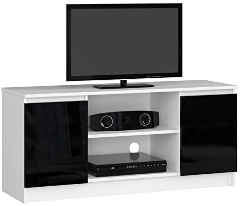 AKORD Fernsehkommode K-120 | EIN offenes Regalfach | 2 Ablagen mit Türen Links und rechts | H55 x B120 x T40 cm | Gewicht 30 kg | Gewicht 30 kg | Farbe Weiß/Schwarz Glänzend