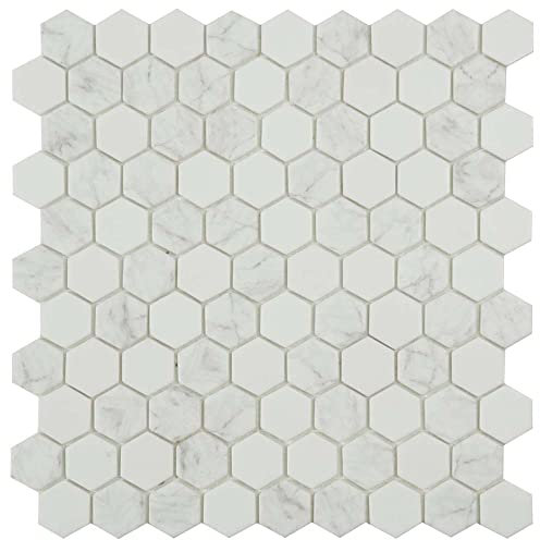 Grove Hexagon Bathroom Kitchen Splashback Matt White Marble Mosaic Tile - 307x317mm