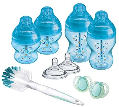 Tommee Tippee Advanced Anti-Colic Baby Bottle Starter Kit, Slow and Medium-Flow Breast-Like Teats for a Natural Latch, Triple-Vented Anti-Colic Wand, Blue