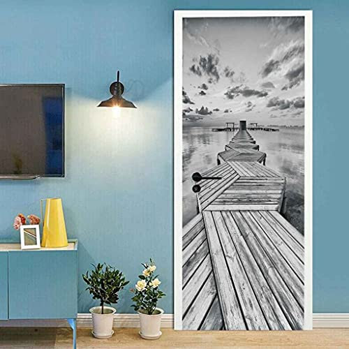 CBWRAW Stickers De Porte, 3D Intérieure Chambre Décoration Trompe L'Oeil Paysage Marin De Pont En Bois Noir Et Blanc Imperméablen Amovible Sticker Muraux Pour Adulte Enfant Salle Bain Poster Decoratio