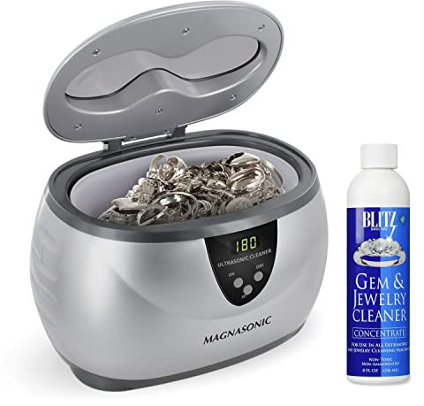 Magnasonic Professional digital ultrasonic jewellery cleaner with concentrated 8 ounce solution for cleaning glasses, watches, rings, necklaces, coins, shavers