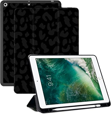 Deokke Kompatibel mit iPad 10.2 Zoll Hülle, 9.,8., automatische Schlaf-/Wachabdeckung, schwarzes Leoparden-Gepardenmuster