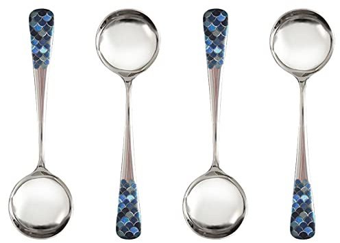 Cuchara redonda de café de acero inoxidable, cuchara de postre coreana, patrón de escamas de pescado, cuchara de té de colores mixtos para el hogar, cocina o restaurante, juego de 4 cucharas de café,