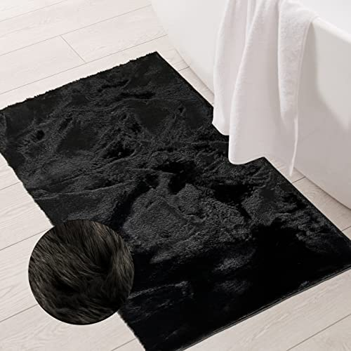Luxuriöser weicher Edelteppich für Badezimmer | waschbar | in schwarz, 70x140 cm