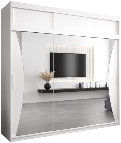 MEBLE KRYSPOL Kleiderschrank mit Spiegel Monaco - Garderobenschrank - Schrank Schlafzimmer - Mehrzweckschrank DREI Schiebetüren - Regalen - Flur Möbel - Kleiderstange Schrank - Allzweckschrank