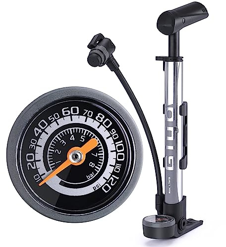 Mini Bike Pump with Gauge - Portable Bicycle Tire Pump - 120 PSI Bike Air Pump fits Presta & Schrader & Dunlop Valve - Road MTB Bike Pump Comes with Mounting Bracket (Black Grey) (Silver)