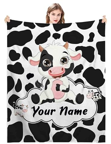 ZQYMM Personalisierte Kuh Babydecke mit Namen Kuh Decke Kuhmuster Kuscheldecke Weich Fleece Decke Flauschig Kuhflecken Wohndecke Couchdecke Sofadecke Geschenk für Kuh Liebhaber