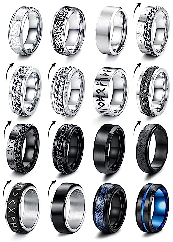 Milacolato 16 Stück Edelstahl Fidget Ring Spinner Ring Edelstahl Spinner Ringe für Zappeln für Damen Hochzeitsversprechen Schwarze Bandringe Coole Schwarze Ringe für Männer 57