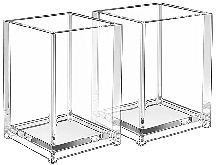 FSSTUD 2 Pcs Clear Acrylic Pen Pencil Holder Countertop Pencil Storage Cup Square Pen Pot Makeup Brush Holders Desktop Stationery Organizer for Office School