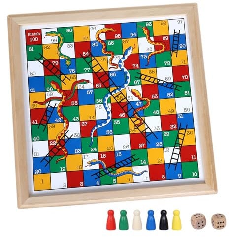Gothink Wooden Snakes and Ladders Game - Educational Board Game for Kids and Adults - includes Counters & Dice