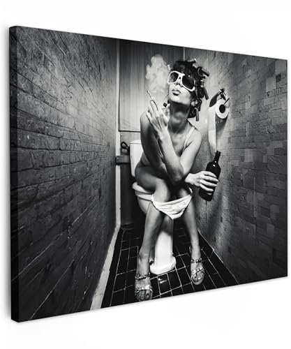 MuchoWow© Leinwand 70x50 cm Deko Schlafzimmer Aesthetic Leinwandbilder Wohnzimmer Gemälde Foto Geschenk Living Room Decoration Frau - Toilette - WC - Schwarz und Weiß - Porträt