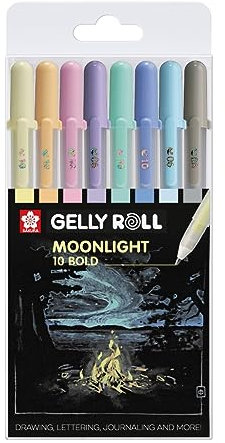 SAKURA Gelly Roll Moonlight 10 Gelstifte - 8 Pastellfarben Set - mittlere Spitze 0,5 mm - glatte Tinte auf Wasserbasis - leuchtet auf weißem und schwarzem Papier - leuchtet unter Schwarzlicht