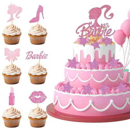 MHDUYEG Decoration Anniversaire Barbie 35 Pièces Decoration Gateau Anniversaire Fille Cosmétique Cupcake Toppers Talon Haut Gâteau Toppers Pour D'anniversaire De Filles