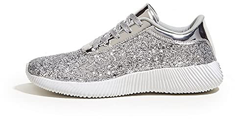 LUCKY STEP Damen Glitzer Turnschuhe Strass Sneaker Leichte Metallische Pailletten-Tennisschuhe (Silber, 7US-37EU-4UK)