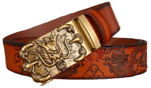 NALANY Ratsche Bräunen Gürtel Für Herren,3,5cm Breiter Echtledergürtel Mit Automatikschließe Schiebeschnalle Gravierte Goldener Drache Dekor-Skulptur(130cm/51, Dragon-F)