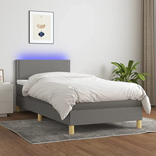 ULUYYUC Boxspringbett, Palettenbett Bodenbett Bettgestell Jugendbett Geeignet für Zimmer Mieten Wohnzimmer Wohnbereich Schlafzimmer mit Matratze & LED Dunkelgrau 80x200 cm Stoff