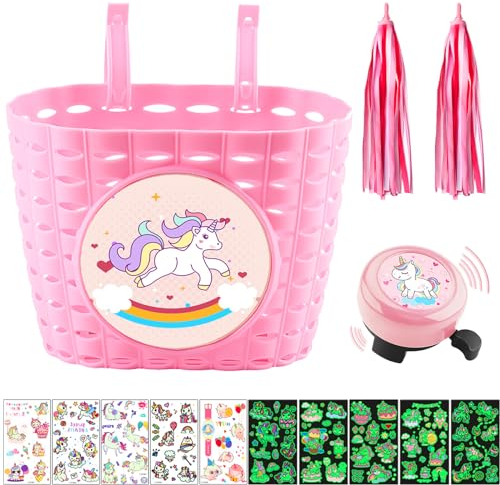 LUKIUP Fahrradkorb Kinder, Lenkerkorb vorne Einhorn Mädchen, Einkaufskorb geflochten, Laufrad Lenkertasche, Abnehmbar Fahrradkorb aus Rattan mit Luftschlangen Fahrradklingel Aufkleber(Rosa)