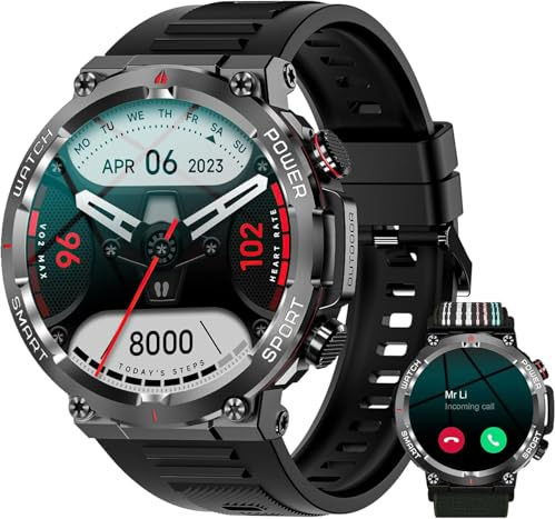 IOWODO Smartwatch Uomo,Orologio Fitness Chiamate Bluetooth,Smart Watch Militari Tracker con Cardiofrequenzimetro,SpO2, Monitoraggio del Sonno,100+ modalità Sport Compatibile Android con iOS