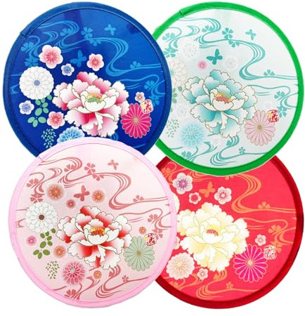 LTCT Folding Fan Foldable Hand Fan Round Handheld Fans Decoration Fan Craft Fan 4 Styles Different Peonies Patterns Compact Cooling Fan for Travel, Events, Festival, Wedding, Home Decoration