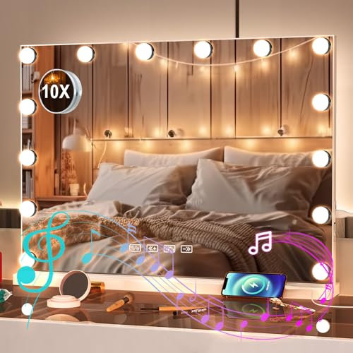 Bluetooth Hollywood Vanity Mirror with Lights,Large Vanity Mirror with USB Output Port,3 Lighting Modes, Touch Screen Control,Tabletop and Wall Mounted for Bedroom (50 x 40 cm)