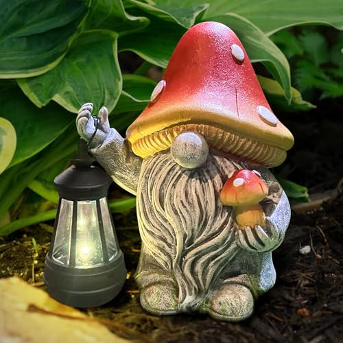 OAWPKY Garden Mushroom Gnomes Statue, Solar Lantern Outdoor Decoration, Mushroom Sculpture with Lantern, Outdoor Solar Gnomes Decoration, Christmas Home Gifts for Family