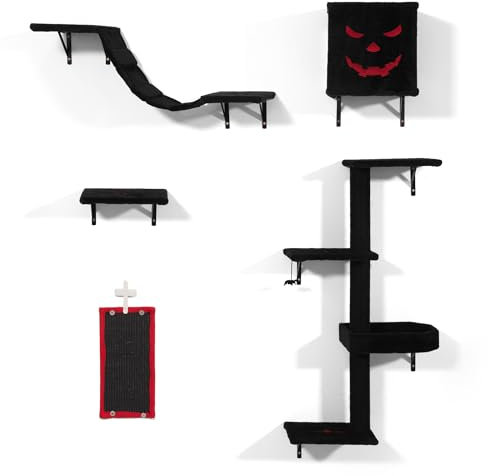 furpal 5 Stück mehrstöckige, an der Wand montierte Kratzbaummöbel für den Innenbereich mit Kratzbrett, Katzenwohnung, Sitzstangen, Katzenbrücke, Schwarz