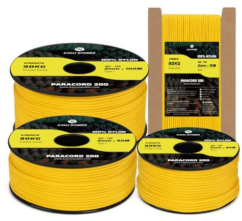 Kamu Synber Paracord 2mm 3 Strands 100M 100% Nylon Rope Type I Parachute Cord for Craft, Outdoor, DIY, Camping | Support 90kg | Golden Yellow