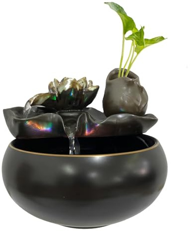 Fontana da Tavolo in Ceramica, Fontane da Interni, Cascata a Forma di Loto con Fessura per il Verde, per Arredamento Casa/Ufficio, Fontana da Tavolo Zen